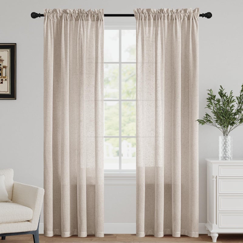 FantasDecor Natural Semi Sheer Linen Curtains 84 inch Length Light Filtering Curtain for Living Room Bedroom Curtains Rod Pocket Farmhouse Boho Curtain, W52 x L84, Angora - Image 1